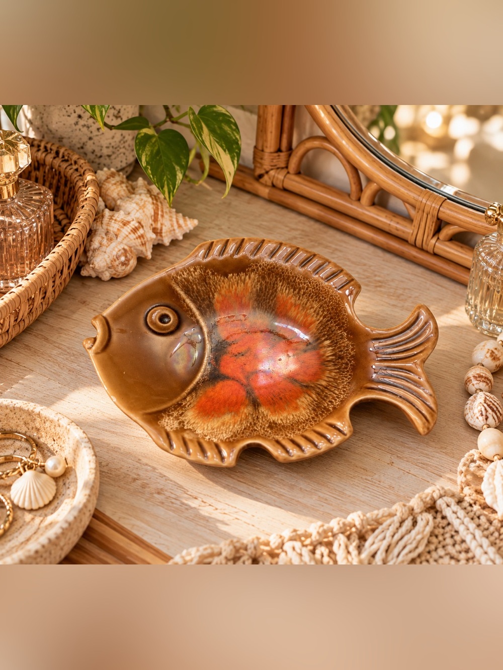 AS IS Vintage Ceramic Fish Trinket Tray Orange Brown